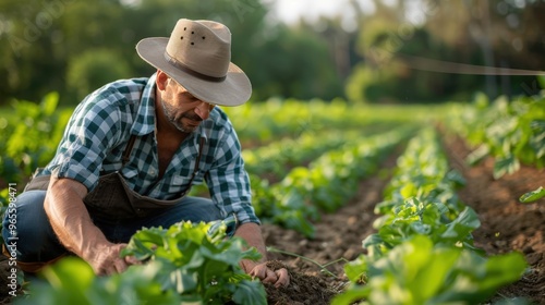 Dedicated Farmer Cultivating Green Crops with a Passion for Sustainable Agriculture and Environmental Conservation