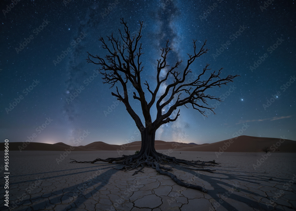 Majestic Lone Tree in Arid Desert Under Stunning Starry Sky with Visible Milky Way and Cracked Dry Earth at Night - Captivating Nature and Landscape Photography Majestic Lone Tree in Arid Desert Under Stunning Starry Sky with Visible Milky Way and Cracked Dry Earth at Night - Captivating Nature and Landscape Photography