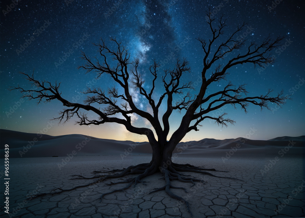 Majestic Lone Tree in Arid Desert Under Stunning Starry Sky with Visible Milky Way and Cracked Dry Earth at Night - Captivating Nature and Landscape Photography Majestic Lone Tree in Arid Desert Under Stunning Starry Sky with Visible Milky Way and Cracked Dry Earth at Night - Captivating Nature and Landscape Photography