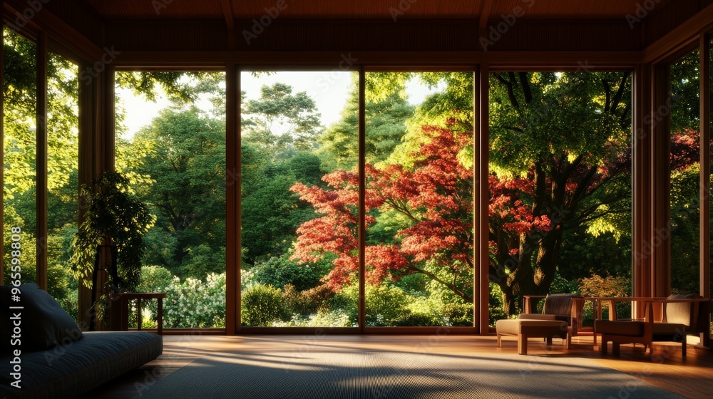 A serene living room with large windows offering a picturesque view of a vibrant garden. A peaceful retreat blending indoor comfort with outdoor charm. A serene living room with large windows offering a picturesque view of a vibrant garden. A peaceful retreat blending indoor comfort with outdoor charm.