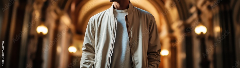 Fototapeta premium A stylish man stands confidently in beautifully lit architectural space, showcasing modern menswear with focus on craftsmanship and elegance. warm ambiance enhances fashion statement