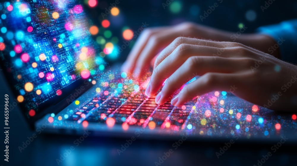 Closeup of hands typing on a keyboard with digital technology, software development concept. Coding programmer, software engineer working on laptop Closeup of hands typing on a keyboard with digital technology, software development concept. Coding programmer, software engineer working on laptop