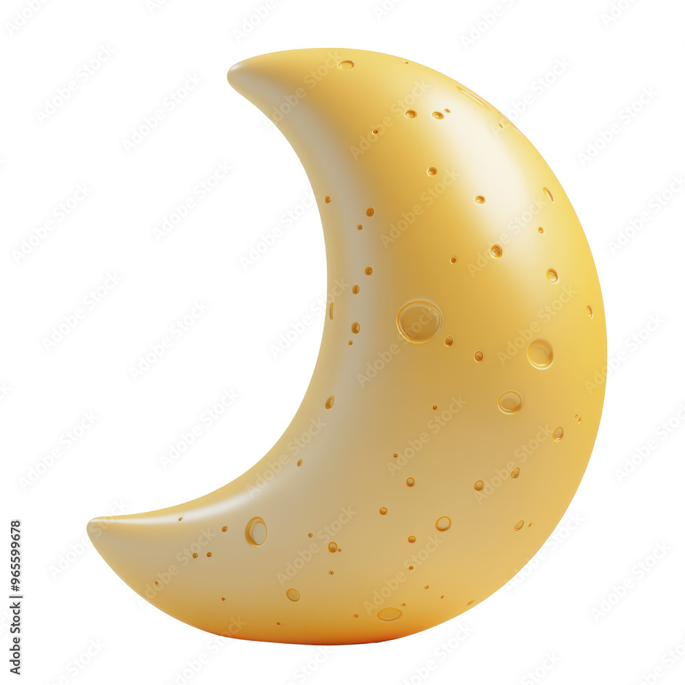 A shiny, stylized crescent moon with a smooth surface and small craters, reflecting a warm yellow hue. A shiny, stylized crescent moon with a smooth surface and small craters, reflecting a warm yellow hue.