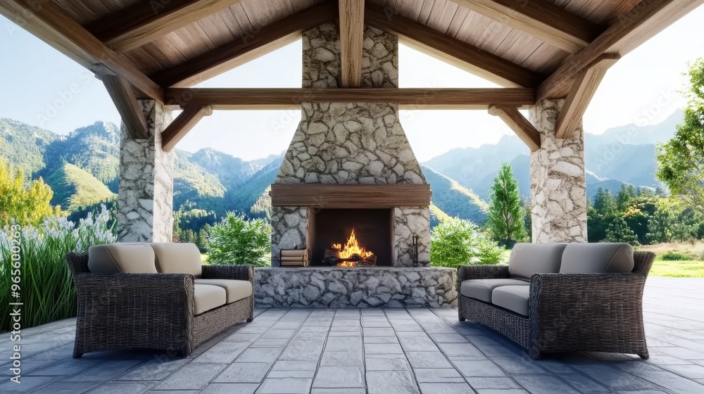 A fireplace in a covered patio with couches and chairs, AI A fireplace in a covered patio with couches and chairs, AI
