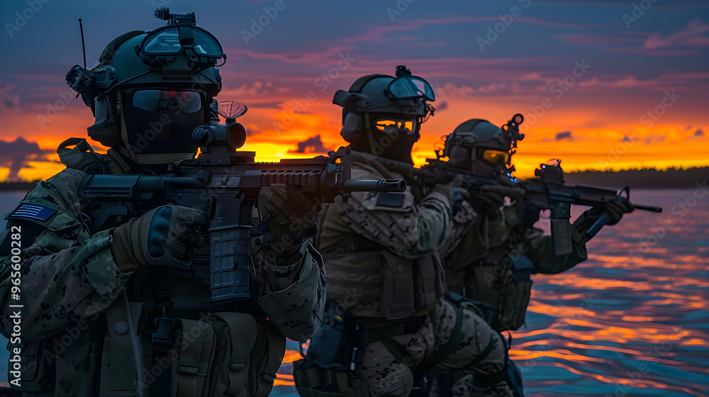 Navy Seals in full gear and waring night googles on the head Navy Seals in full gear and waring night googles on the head