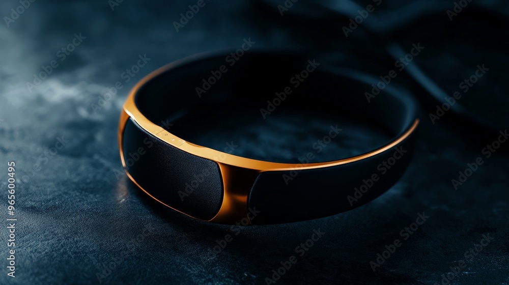 Close-up of a modern black and gold bracelet on a dark textured surface, showcasing sleek design and elegance. Close-up of a modern black and gold bracelet on a dark textured surface, showcasing sleek design and elegance.