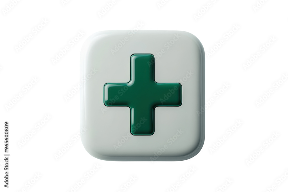 A simple, stylized button with a green medical cross symbol on a transparent background, representing health, care, or medical services A simple, stylized button with a green medical cross symbol on a transparent background, representing health, care, or medical services
