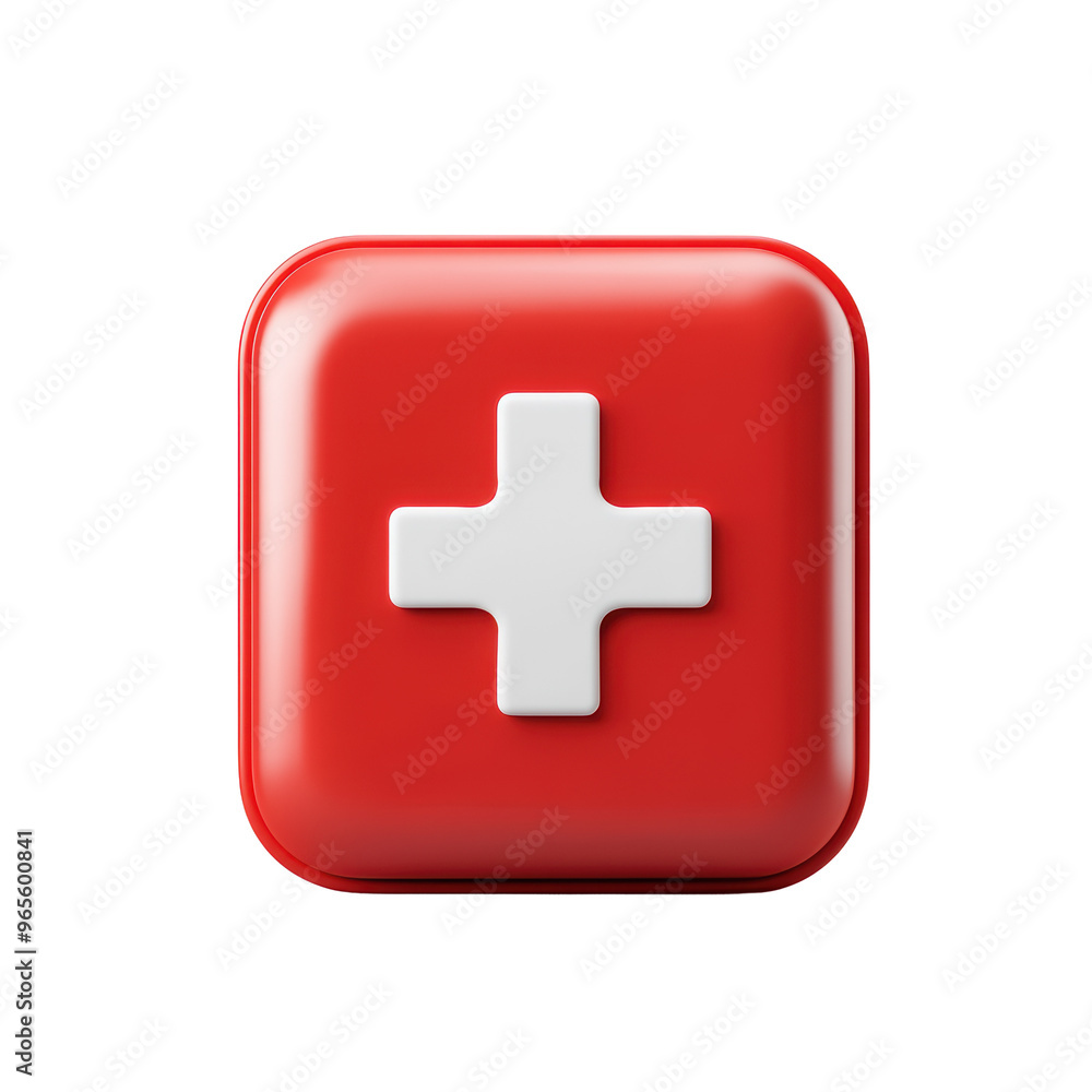 A glossy red square icon featuring a white cross, symbolizing medical assistance or emergency services A glossy red square icon featuring a white cross, symbolizing medical assistance or emergency services