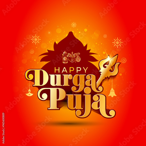 Happy Durga Puja with kalash pot logo design for Navratri festival. Vector Bright red festive background.