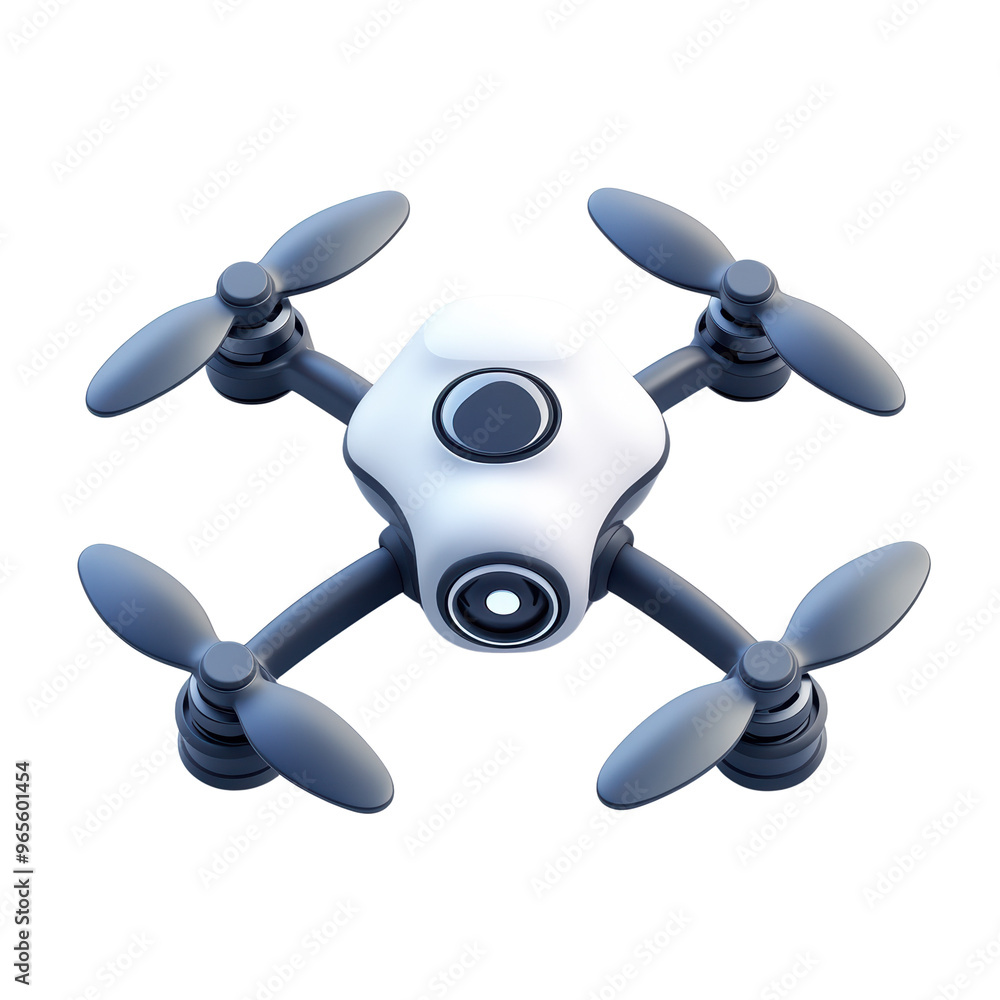 A stylized illustration of a quadcopter drone with a sleek design, featuring four propellers and a central camera for aerial photography and videography
