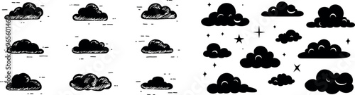 Celestial elements of Chinese and Curl clouds in linear and silhouette styles..