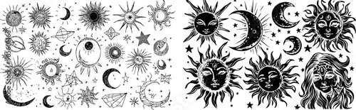 Celestial mystic esoteric magic elements. Different stages of the moon, zodiac signs.
