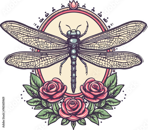 Tattoo t-shirt print with half-shaped dragonfly and flowers. Hand-drawn wedding herb. Botanical rustic trendy greenery