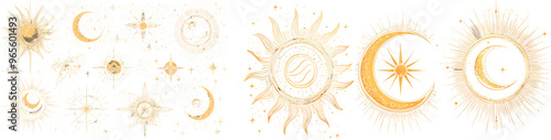 The art of alchemy tattoo object with sunburst linear and silhouette style. Mystic esoteric magic element with sun, moon