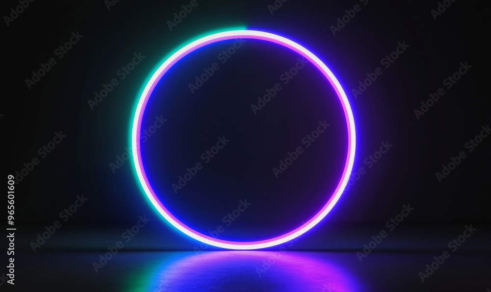 This is an generative stock rendering of a circular neon frame on a black background with a blue and purple light in the middle. This is an generative stock rendering of a circular neon frame on a black background with a blue and purple light in the middle.