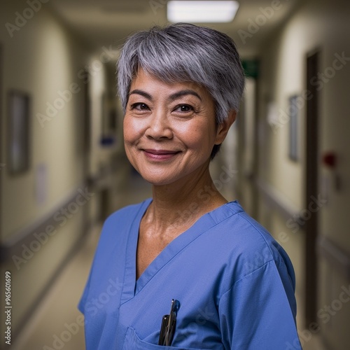 Stock image of Asian doctor waiting in a hallway in a hospital.