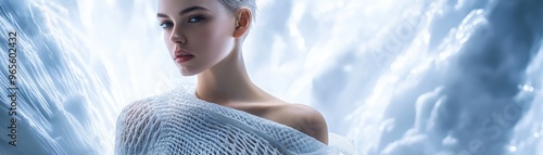 A striking portrait of model wearing ultra modern clothing, showcasing unique design with soft texture against dramatic, ethereal background. lighting enhances futuristic vibe, creating captivating at photo