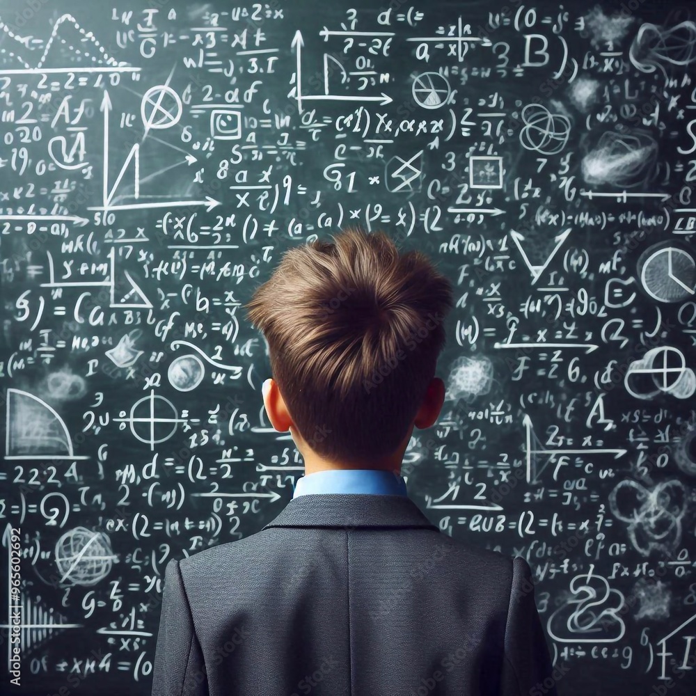 A schoolboy stands at the blackboard, a lot of mathematical equations are swirling around his head, the boy's gaze is focused, he wants to catch the equation to get a good grade A schoolboy stands at the blackboard, a lot of mathematical equations are swirling around his head, the boy's gaze is focused, he wants to catch the equation to get a good grade