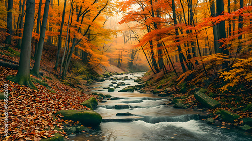 Seasonal beautiful landscape magical river in autumn forest at sunlight. Serene peaceful fall nature background. Calm creek, mountain stream cascade down colorful trees. Perfect autumnal AI generated 