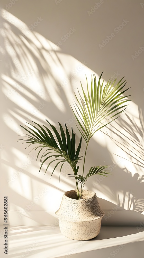 Palm Plant with Distinctive Pot in Sunlit Room Palm Plant with Distinctive Pot in Sunlit Room