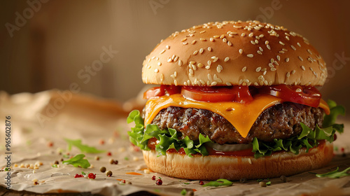 front view beautiful hyper realistic cheese burger with melted cheese on the right side from the picture isolated beige background and have copy space for text
