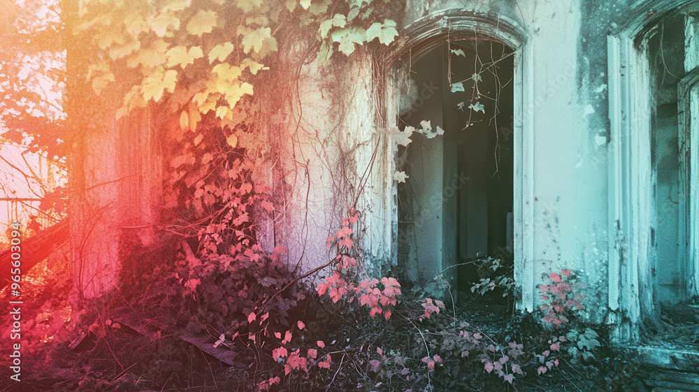 A decaying building overtaken by vibrant ivy and foliage, showcasing beauty of nature reclaiming its space. warm tones create nostalgic atmosphere A decaying building overtaken by vibrant ivy and foliage, showcasing beauty of nature reclaiming its space. warm tones create nostalgic atmosphere