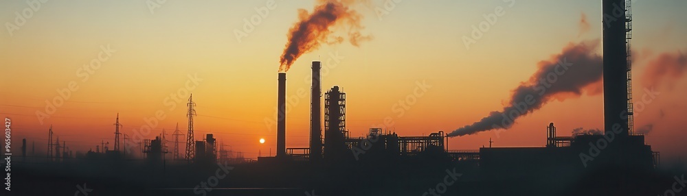 Obraz premium image captures an old factory at sunset, showcasing smokestacks silhouetted against vibrant sky. scene evokes sense of nostalgia and industrial beauty