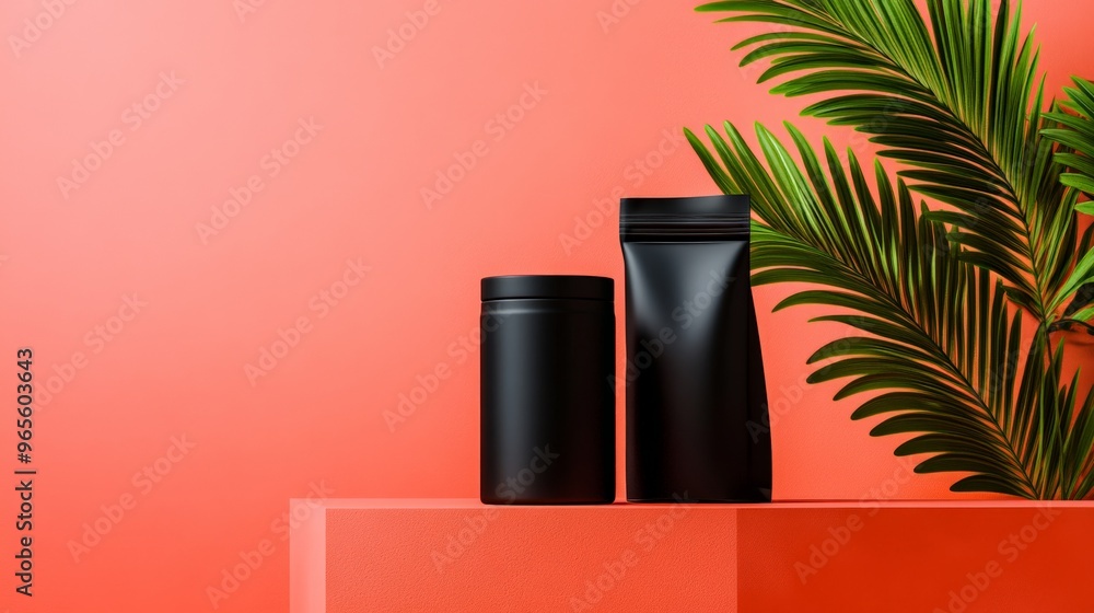 Minimalist black containers on a coral background with green leaves, perfect for branding and packaging designs. Minimalist black containers on a coral background with green leaves, perfect for branding and packaging designs.