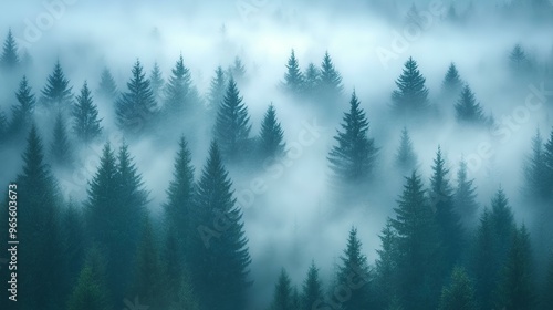 misty landscape with fir forest