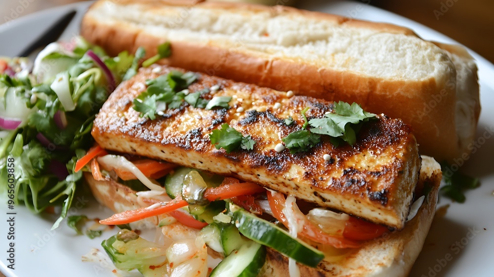 A crispy tofu banh mi sandwich with pickled vegetables and spicy mayo A crispy tofu banh mi sandwich with pickled vegetables and spicy mayo