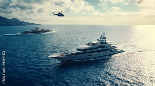 Helicopter flying over a luxury yacht cruiser in open waters