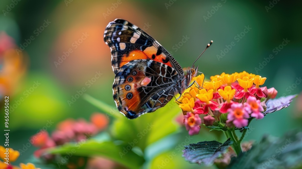 A Stunning Butterfly Gently Pollinates Bright Flowers Amidst Vibrant Green Background, Capturing Nature's Intricate Beauty. A Stunning Butterfly Gently Pollinates Bright Flowers Amidst Vibrant Green Background, Capturing Nature's Intricate Beauty.