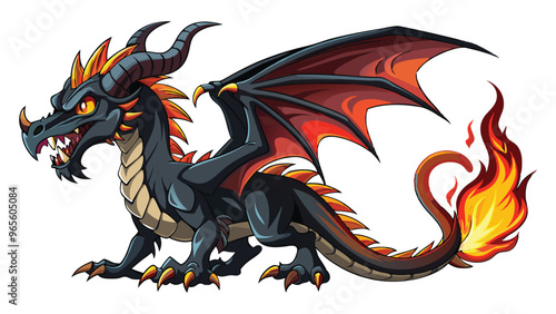  black dragon spitting fire vector art illustration.AI GENERATED