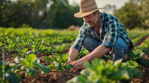 A Farmer Nurtures Young Plants with Care and Passion Under the Warm Sunlight of a Beautiful Day