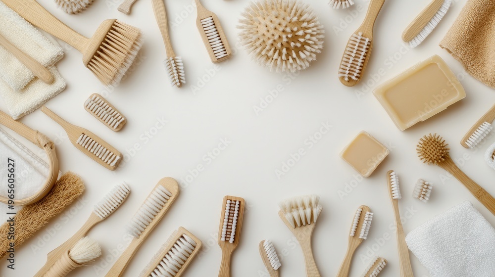 Fototapeta premium A curated arrangement of eco-friendly personal care products showcasing bamboo toothbrushes among vibrant natural leaves, emphasizing sustainability and organic textures.