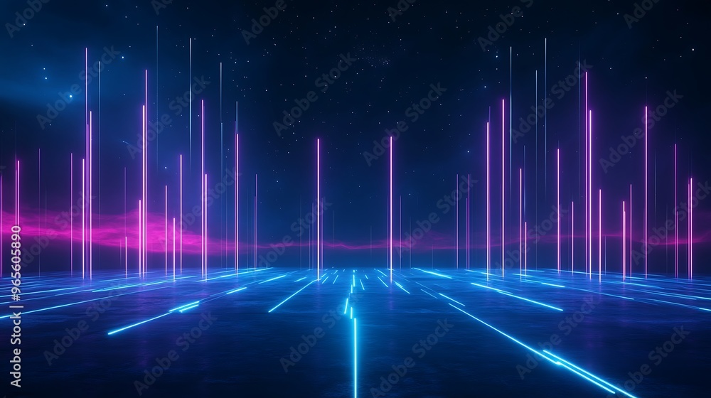 A futuristic digital landscape with vibrant pink and blue lights creating a mesmerizing visual effect against a dark background. Stage for product presentation. A futuristic digital landscape with vibrant pink and blue lights creating a mesmerizing visual effect against a dark background. Stage for product presentation.