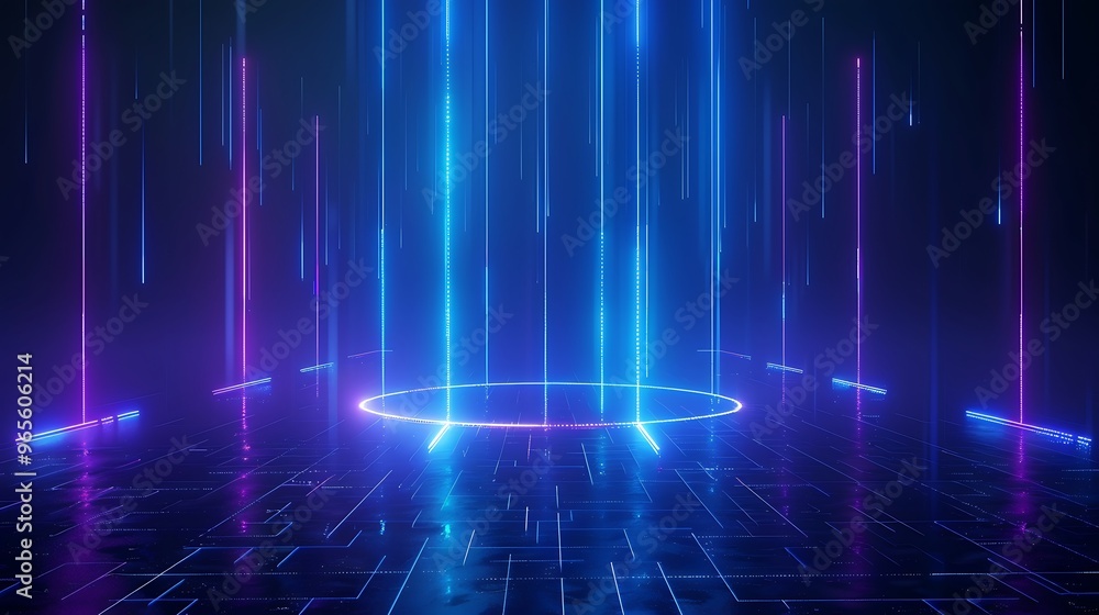 A futuristic neon backdrop featuring vibrant light beams and a glowing circle, perfect for technology or sci-fi themes. Stage for product presentation. A futuristic neon backdrop featuring vibrant light beams and a glowing circle, perfect for technology or sci-fi themes. Stage for product presentation.
