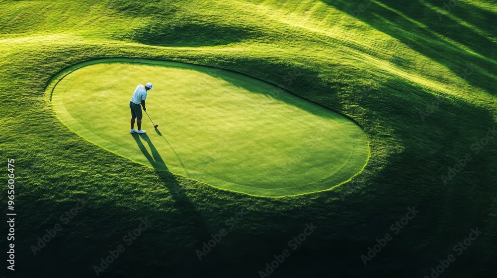 A golfer lines up his putt on a green, with his shadow cast beside him.