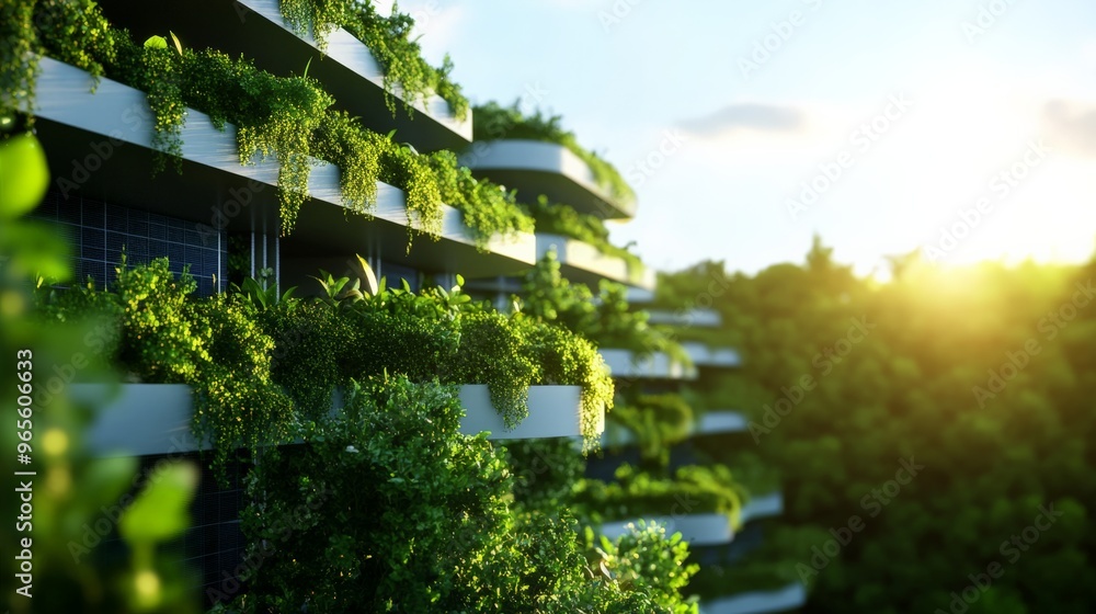 Modern eco-friendly building with vertical gardens, lush green plants, and sustainable architecture, illuminated by the setting sun. Modern eco-friendly building with vertical gardens, lush green plants, and sustainable architecture, illuminated by the setting sun.
