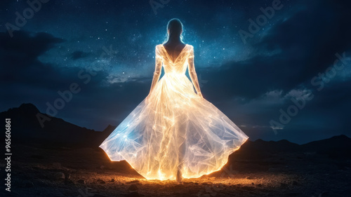 A stunning surreal image of figure in glowing dress, illuminated against starry night sky. ethereal light creates magical atmosphere, blending nature and fantasy beautifully