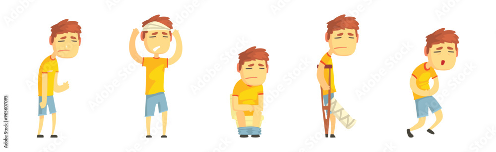 Obraz premium Boy Character Feel Unwell Suffer from Disease Symptoms Vector Set
