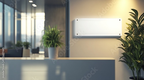 A mock up of a blank glass nameplate design is shown in this 3D rendering. The signplate is mounted on the wall near the interior door of the office. The signplate is mocked up on the wall behind the photo