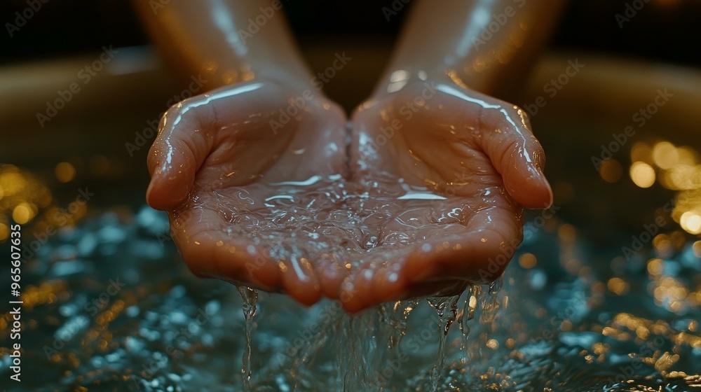 Fototapeta premium Water Droplets Flowing Through Cupped Hands - Close Up Photography