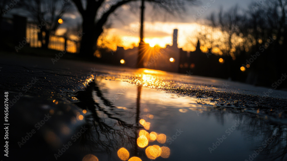 serene reflections of silhouetted trees and lampposts in puddle capture beauty of sunset, creating tranquil atmosphere filled with warm golden hues serene reflections of silhouetted trees and lampposts in puddle capture beauty of sunset, creating tranquil atmosphere filled with warm golden hues