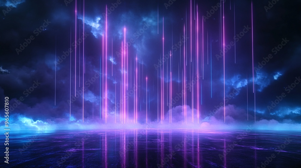 A mesmerizing display of colorful beams piercing through a dark, ethereal sky, reflecting on calm water below. Stage for product presentation. A mesmerizing display of colorful beams piercing through a dark, ethereal sky, reflecting on calm water below. Stage for product presentation.