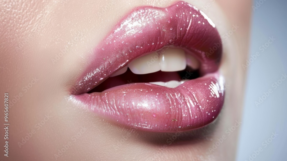 Obraz premium Shiny lips with a perfect application of pink lip gloss