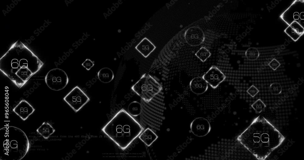 Animation of 6g and 5g over globe with data processing on black background Animation of 6g and 5g over globe with data processing on black background