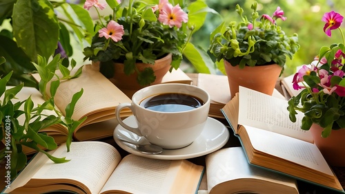 Cup of coffee on books and plants in flowerpots on green background photo