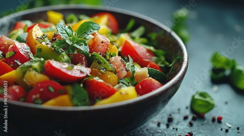 Fresh vegetable salad bowl with tomatoes, peppers, and herbs on a dark background