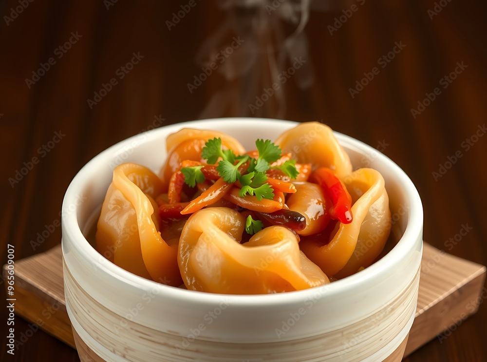 Delicious traditional Chinese dim sum in a bamboo steamer with garnish Delicious traditional Chinese dim sum in a bamboo steamer with garnish